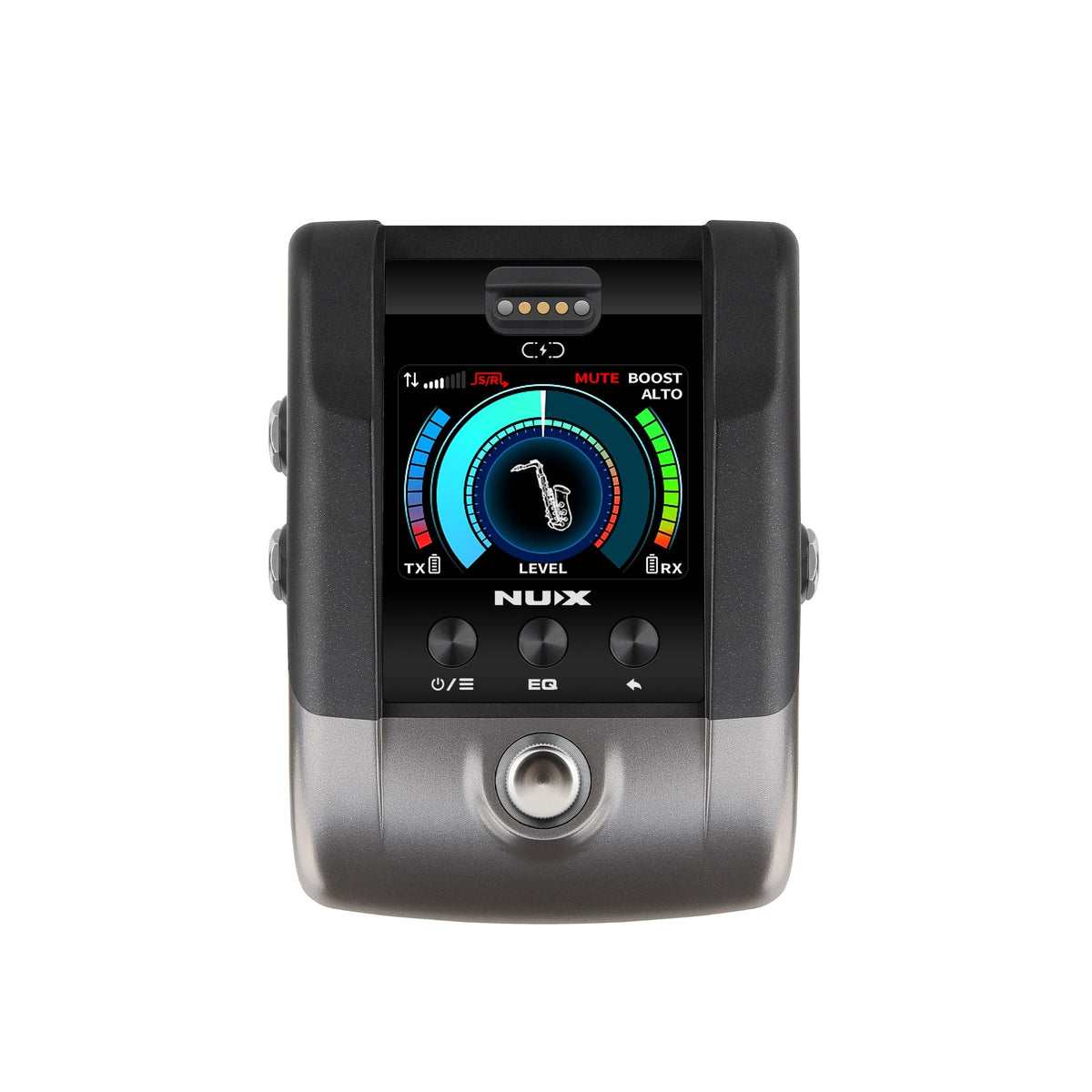 Kleurenscherm van de NUX B-6 Pro ontvanger met EQ-profiel voor altsaxofoon