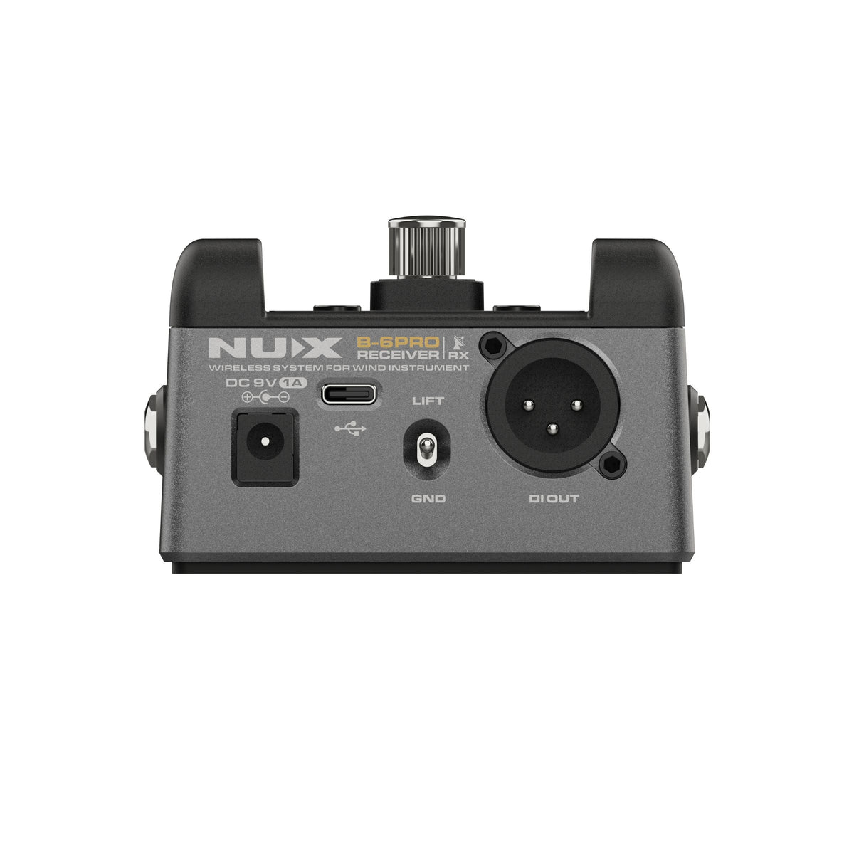 Aansluitingen van de NUX B-6 Pro ontvanger met XLR DI-uitgang, USB-C en 9V voeding