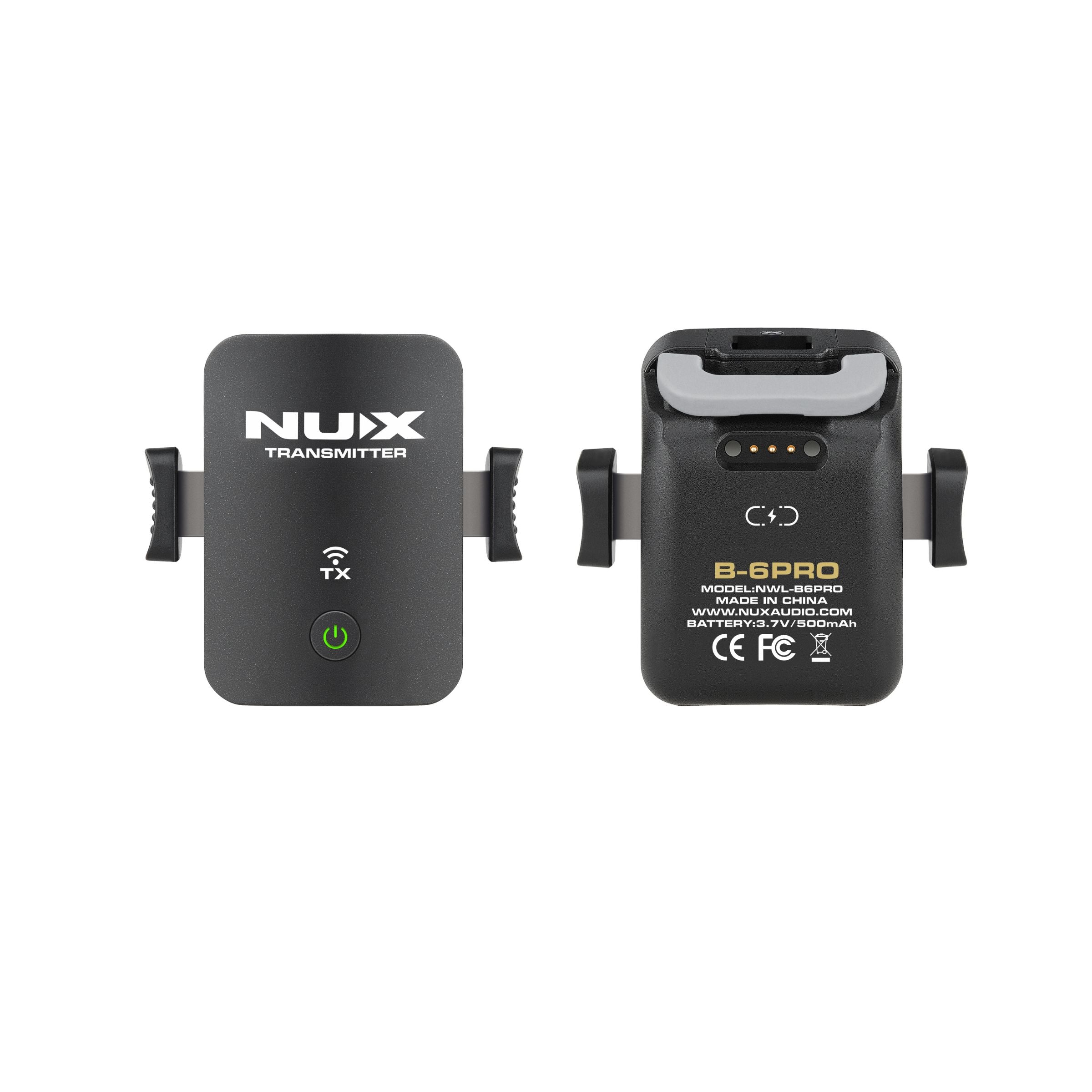 Voor- en achterkant van de zender van de NUX B-6 Pro