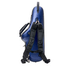 Blauwe Protec Micro ZIP koffer staand met rugzakriemen