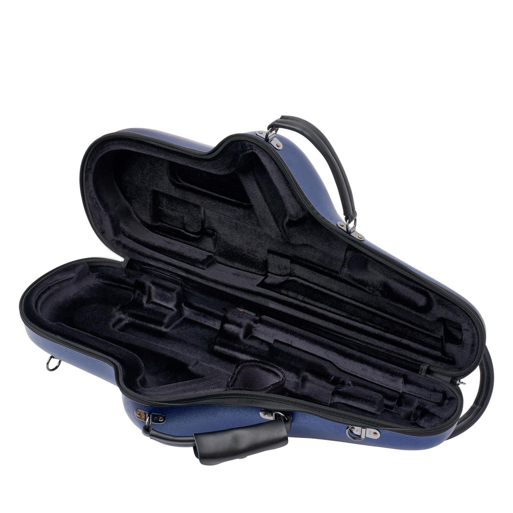 Geopende blauwe Protec Micro ZIP altsax koffer