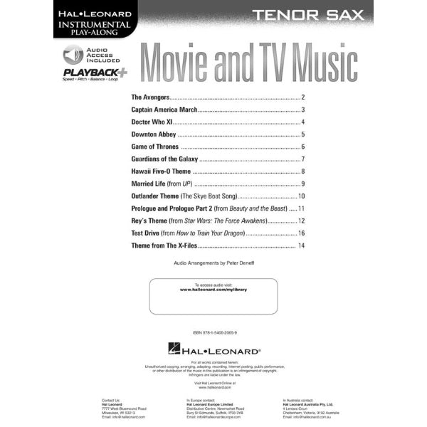 Instrumental Play-Along: Movie and TV Music tenorsax