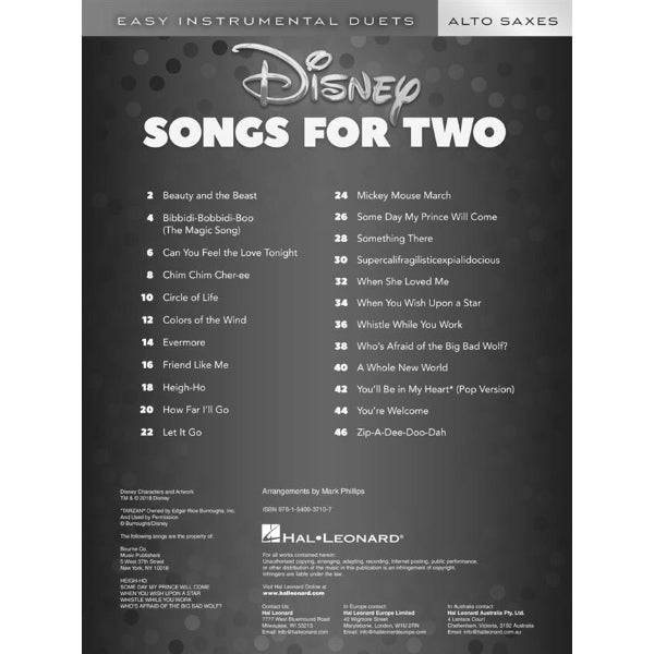 Disney Songs for Two Alto Saxophones