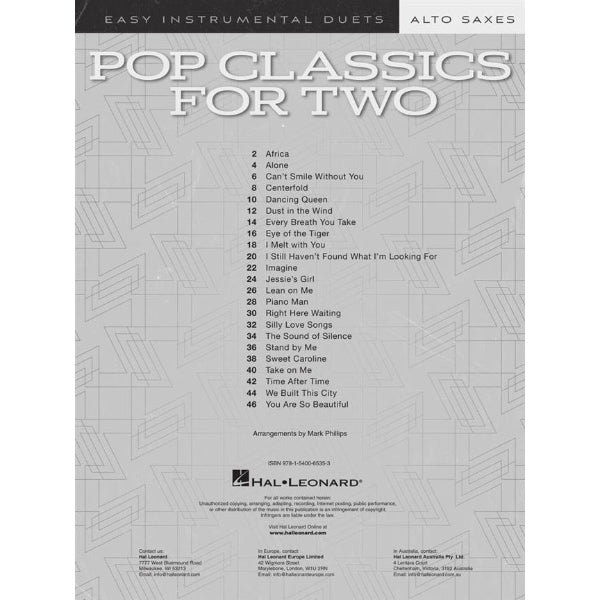 Pop Classics for Two Alto Saxophones