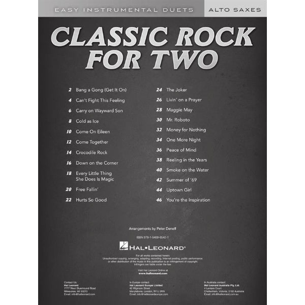 Classic Rock for Two Alto Saxophones