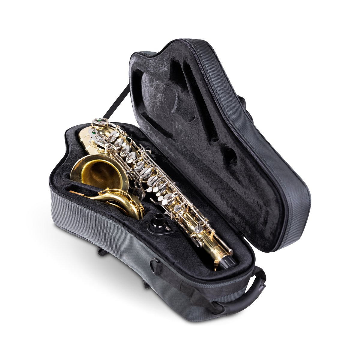 Geopende Gator Adagio tenorsax koffer met tenorsaxofoon