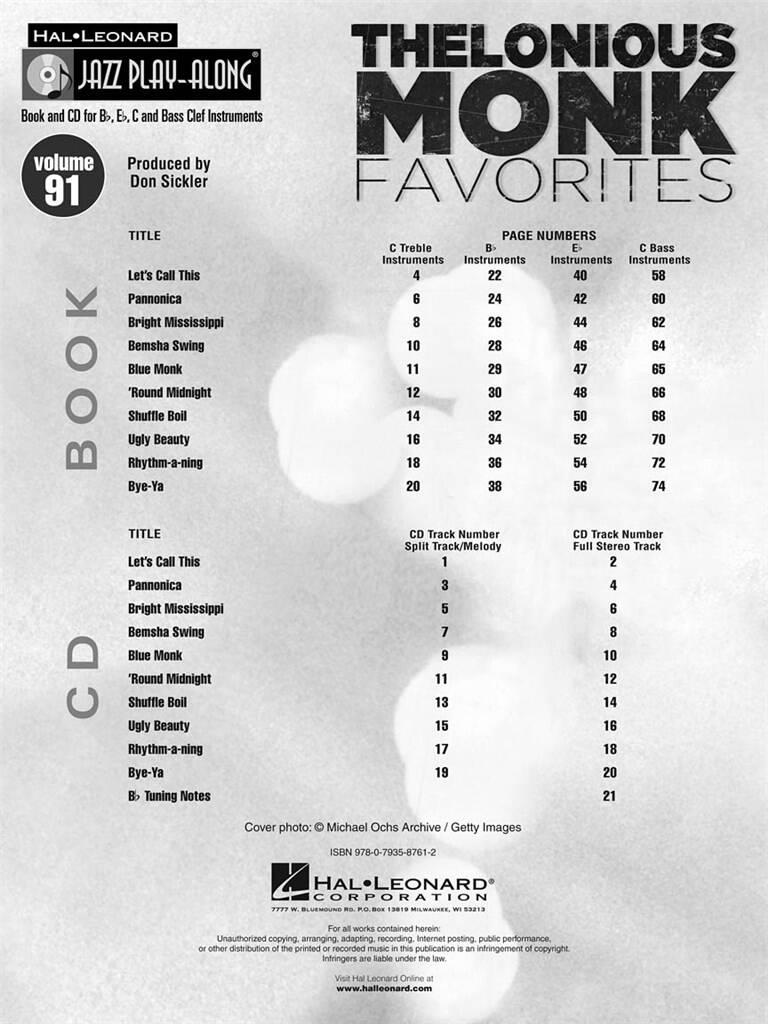 Jazz Play Along vol. 91: Thelonious Monk Favorites